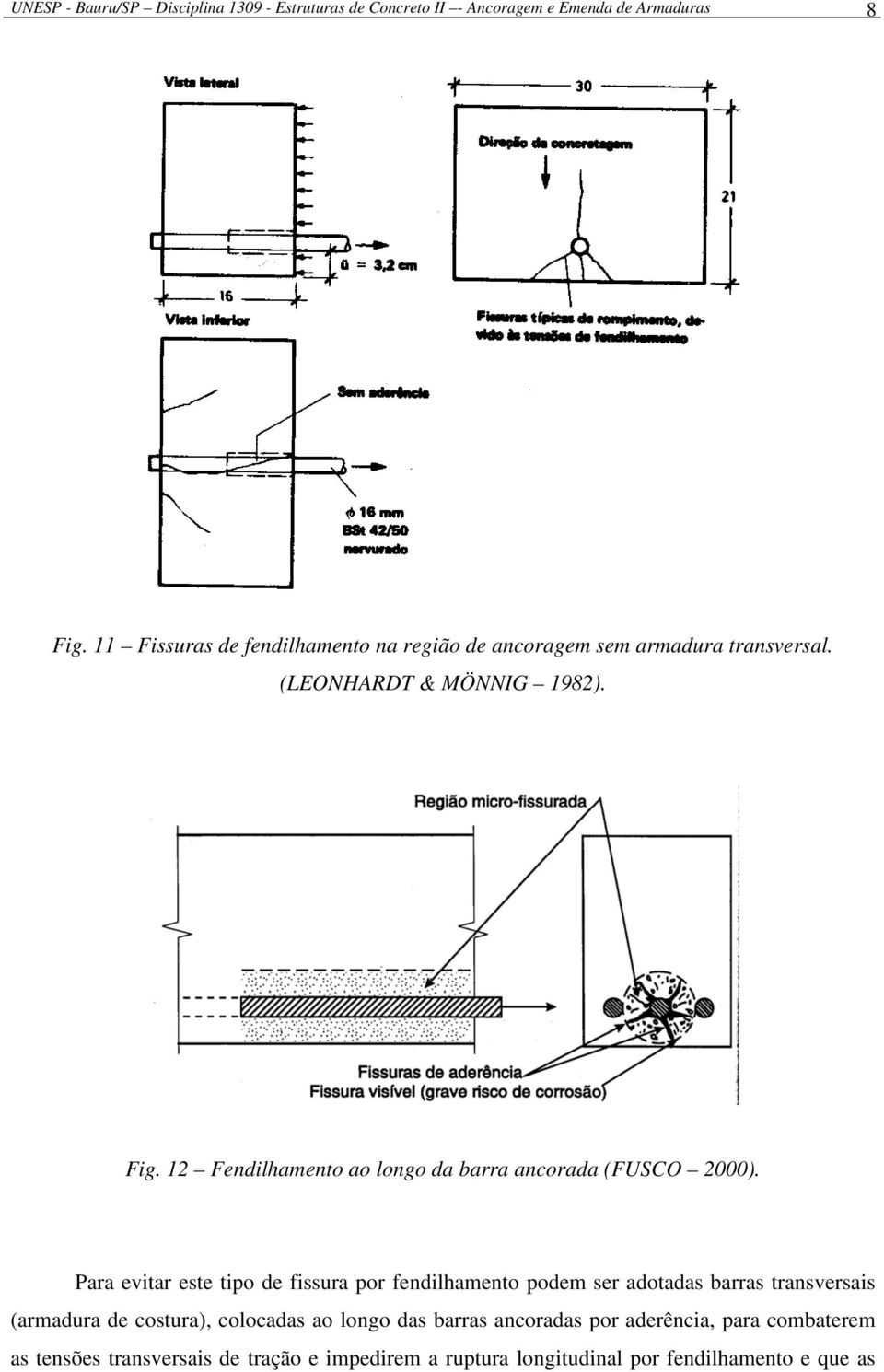 12 Fendilhamento ao longo da barra ancorada (FUSCO 2000).