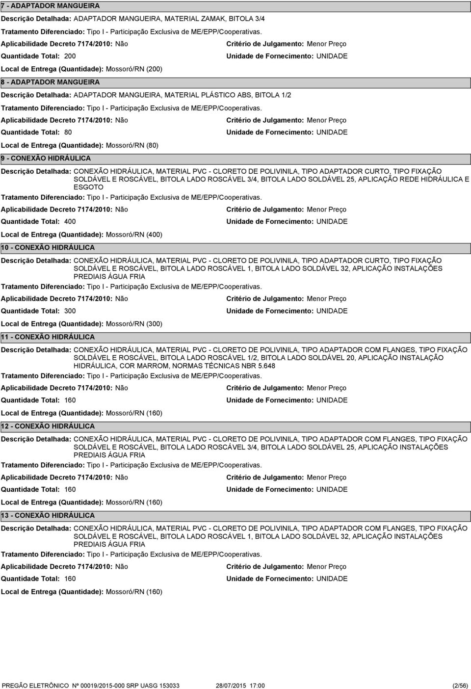 ROSCÁVEL 3/4, BITOLA LADO SOLDÁVEL 25, APLICAÇÃO REDE HIDRÁULICA E ESGOTO Local de Entrega (Quantidade): Mossoró/RN () 10 - CONEXÃO HIDRÁULICA CONEXÃO HIDRÁULICA, MATERIAL PVC - CLORETO DE