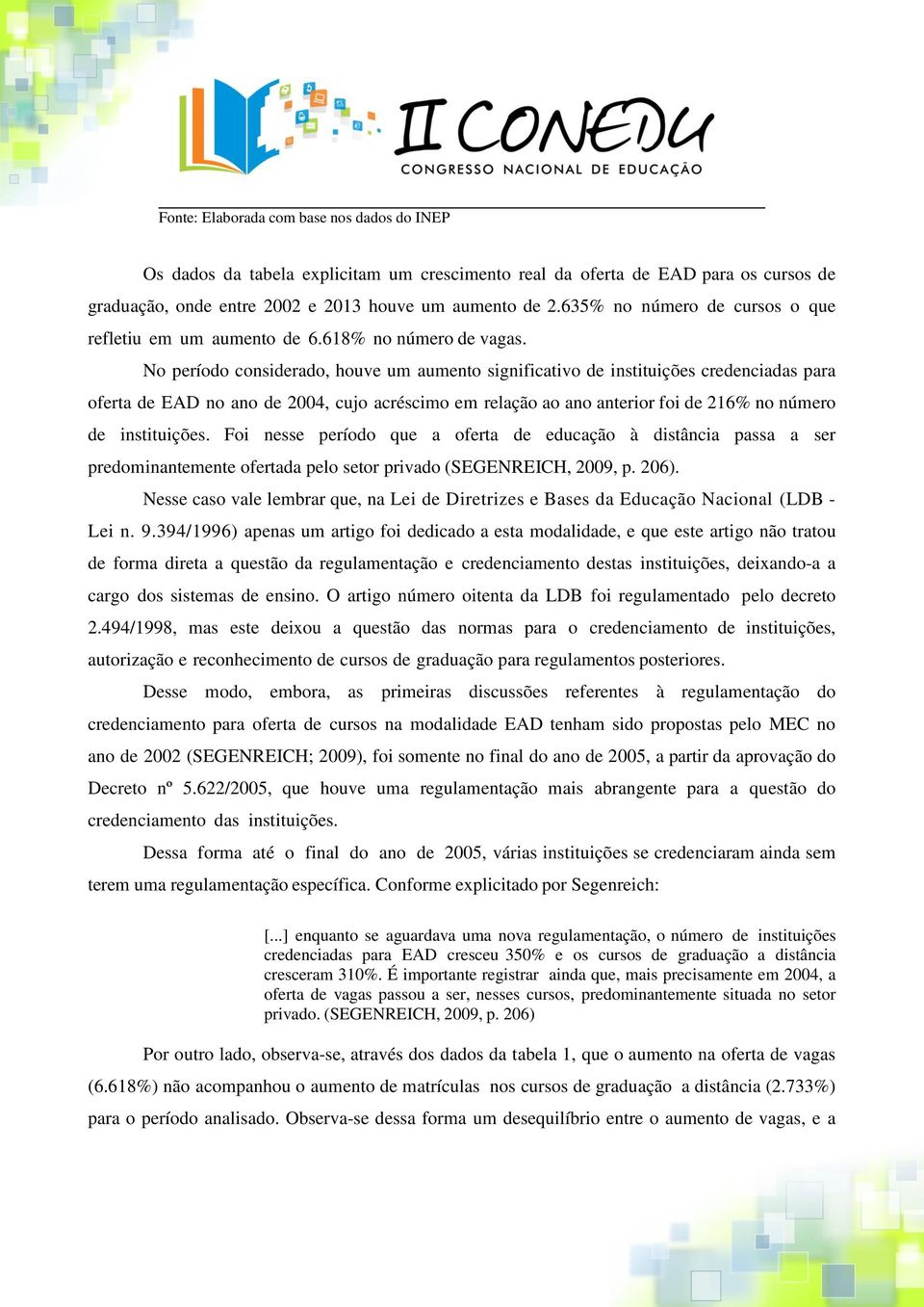 No período considerado, houve um aumento significativo de instituições credenciadas para oferta de EAD no ano de 2004, cujo acréscimo em relação ao ano anterior foi de 216% no número de instituições.