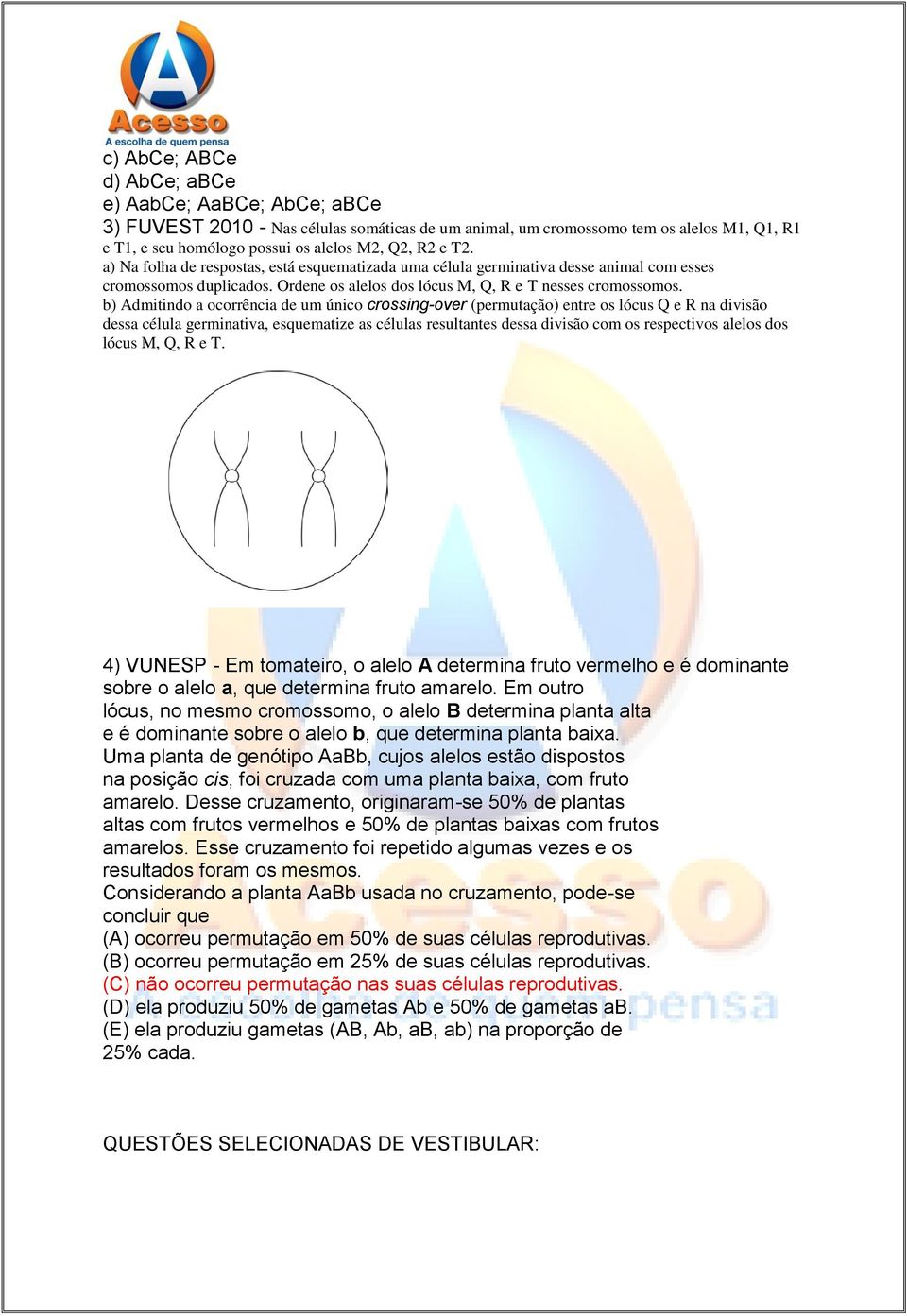 b) Admitindo a ocorrência de um único crossing-over (permutação) entre os lócus Q e R na divisão dessa célula germinativa, esquematize as células resultantes dessa divisão com os respectivos alelos