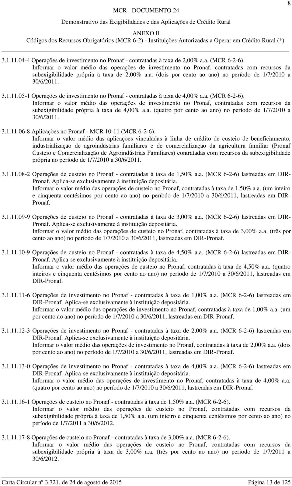 3.1.11.05-1 Operações de investimento no Pronaf - contratadas à taxa de 4,00% a.a. (MCR 6-2-6).