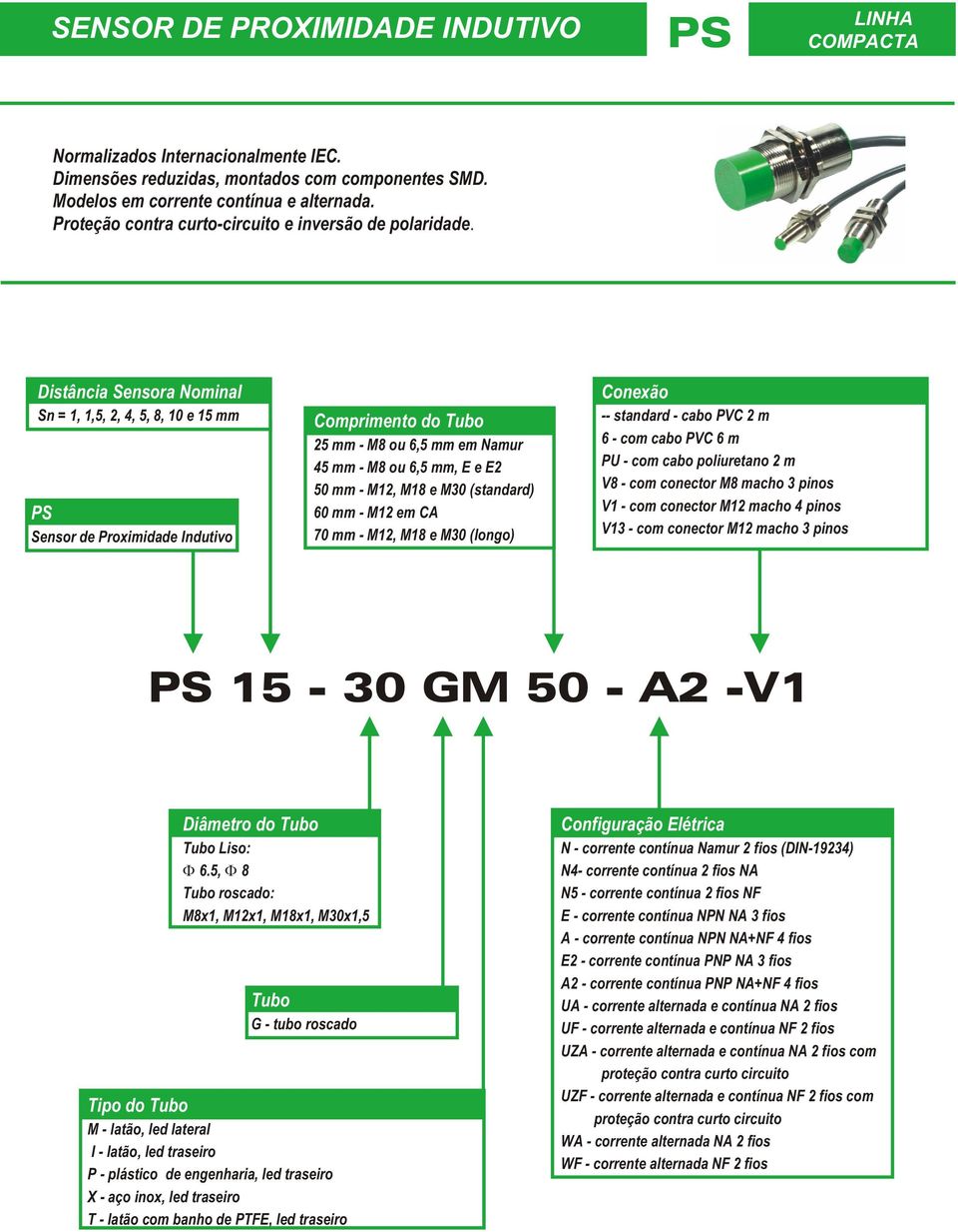 Distância Sensora Nominal Sn = 1, 1,5, 2, 4, 5, 8, 10 e 15 mm PS Sensor de Proximidade Indutivo Comprimento do Tubo 25 mm M8 ou 6,5 mm em Namur 45 mm M8 ou 6,5 mm, E e E2 50 mm M12, M18 e M30