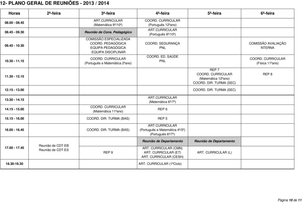 CURRICULAR (Português 9º/10º) COORD. SEGURANÇA PNL COORD. ED. SAÚDE PNL COMISSÃO AVALIAÇÃO NTERNA COORD. CURRICULAR (Física 11ºano) 11.30-12.15 REP 7 COORD. CURRICULAR (Matemática 12ºano) COORD. DIR.