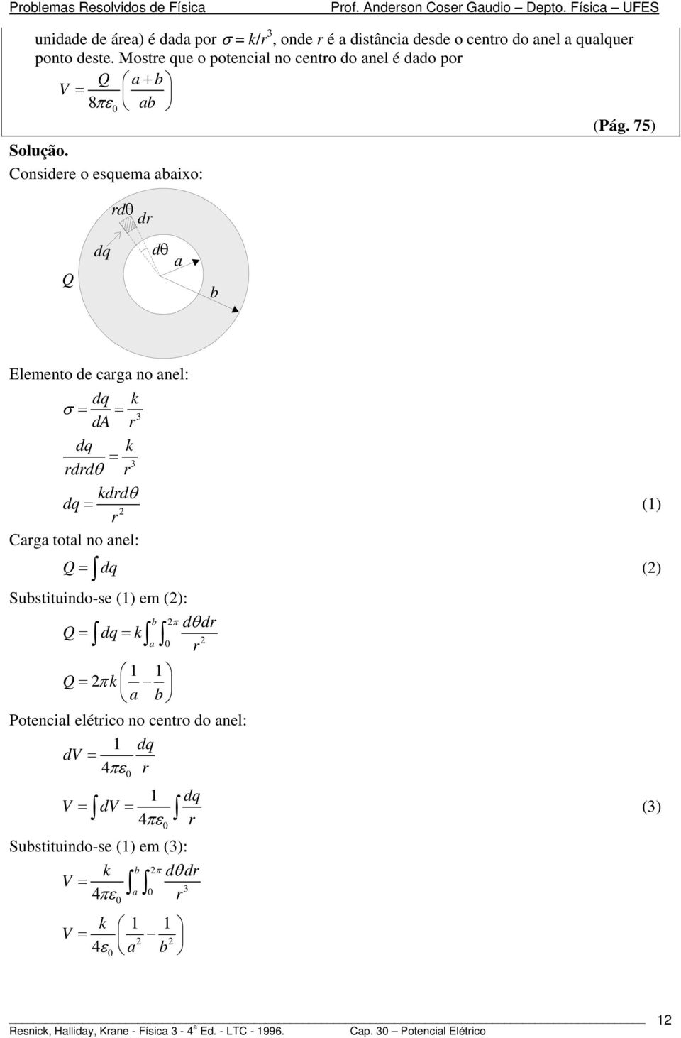 75) Considee o esquema abaixo: dθ d Q dq dθ a q b Elemento de caga no anel: dq k σ = = 3 da dq k 3 ddθ = kddθ dq = (1) Caga total no anel: Q = d q