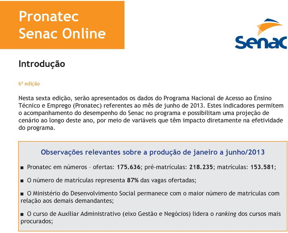 efetividade do programa. Observações relevantes sobre a produção de janeiro a junho/2013 Pronatec em números ofertas: 175.636; pré-matrículas: 218.235; matrículas: 153.