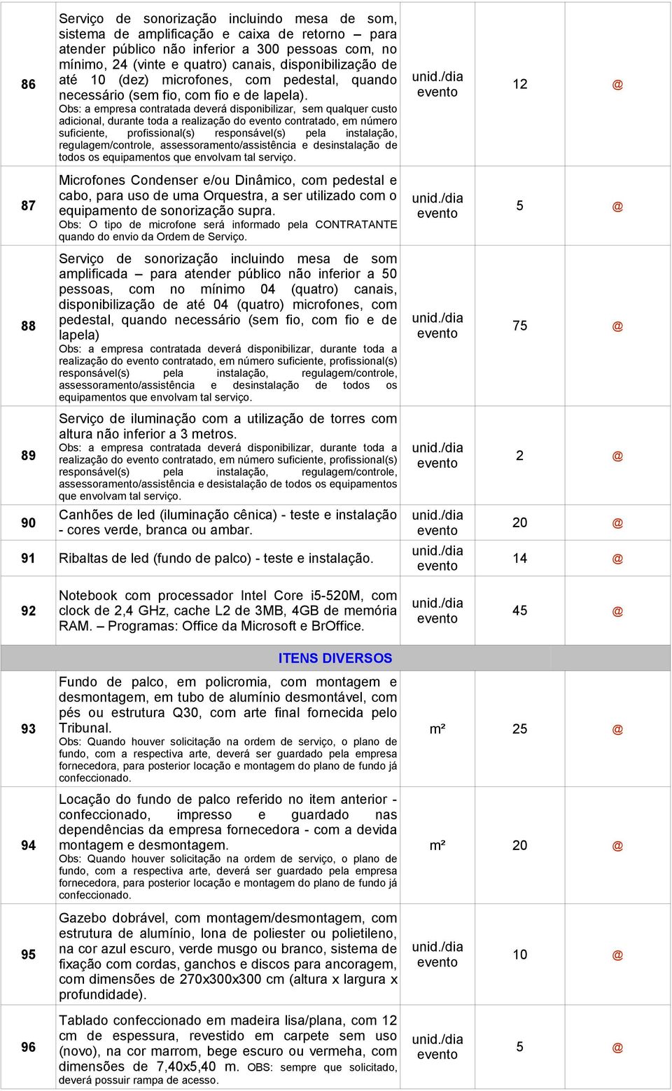 12 @ adicional, durante toda a realização do contratado, em número suficiente, profissional(s) responsável(s) pela instalação, regulagem/controle, assessoramento/assistência e desinstalação de todos