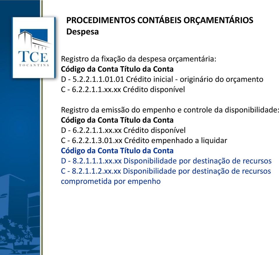 xx Crédito disponível Registro da emissão do empenho e controle da disponibilidade: D - 6.2.2.1.1.xx.xx Crédito disponível C - 6.