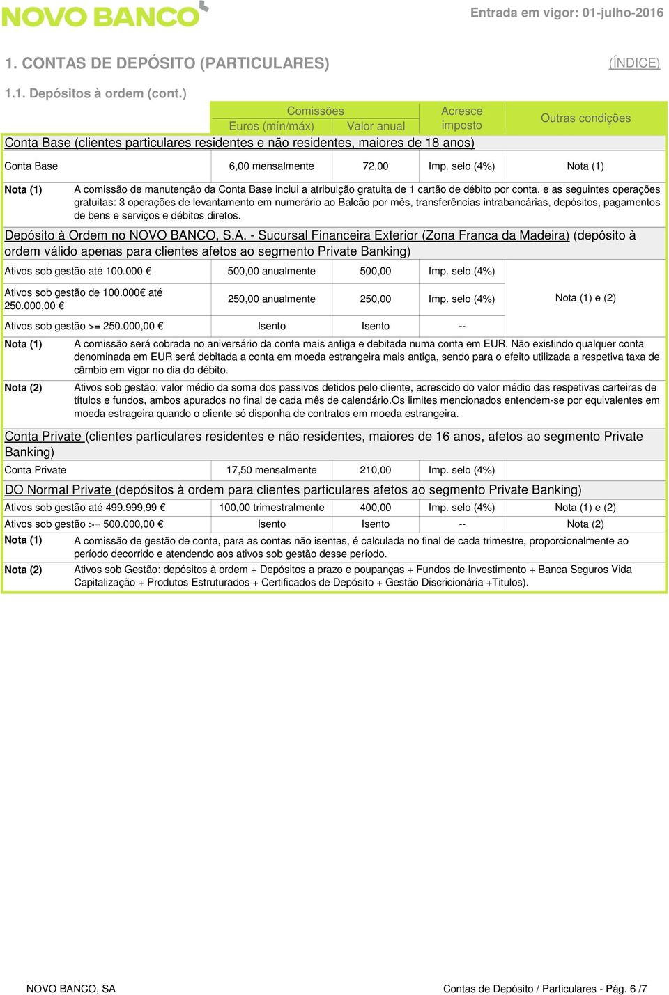 por mês, transferências intrabancárias, depósitos, pagamentos de bens e serviços e débitos diretos. Depósito à Ordem no NOVO BAN