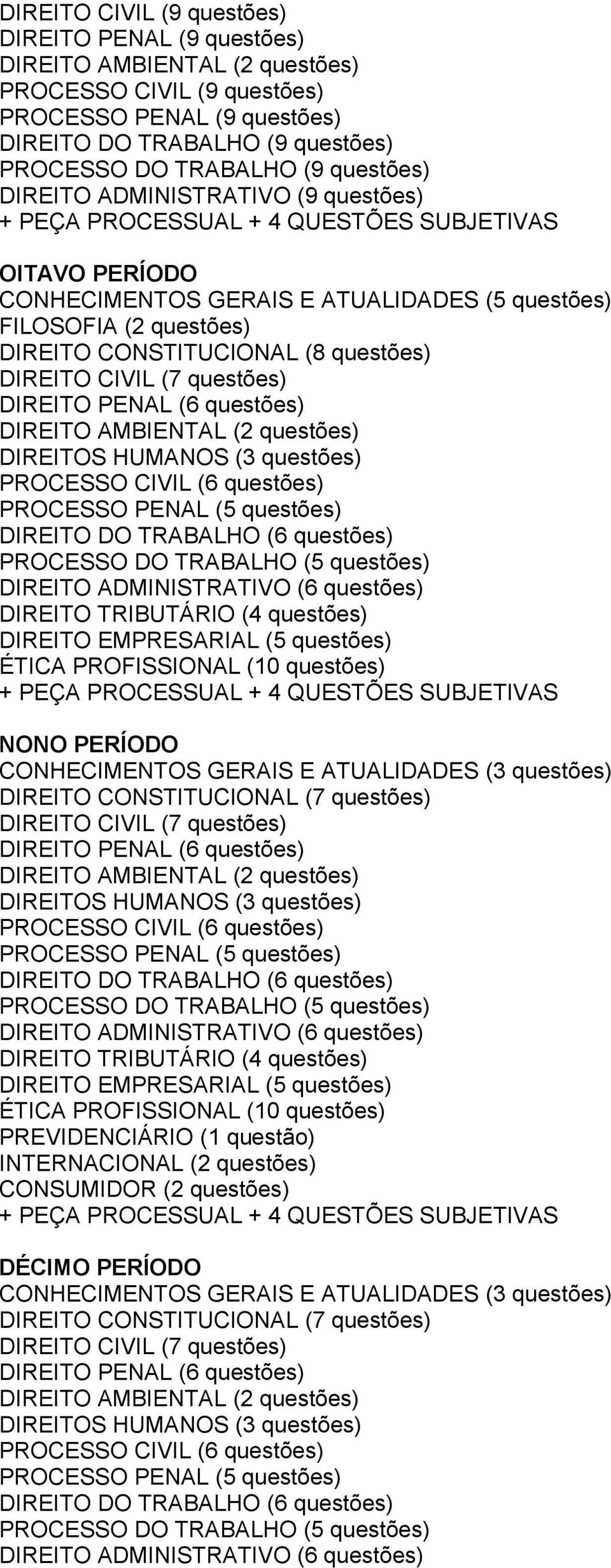 questões) DIREITOS HUMANOS (3 questões) PROCESSO CIVIL (6 questões) PROCESSO PENAL (5 questões) DIREITO DO TRABALHO (6 questões) PROCESSO DO TRABALHO (5 questões) DIREITO ADMINISTRATIVO (6 questões)