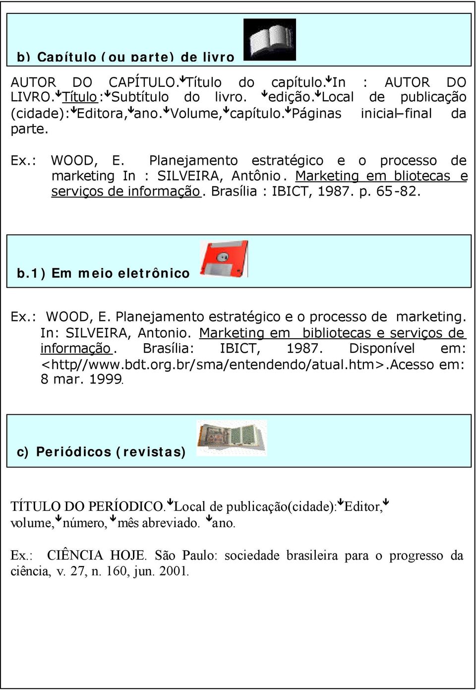 b.1) Em meio eletrônico Ex.: WOOD, E. Planejamento estratégico e o processo de marketing. In: SILVEIRA, Antonio. Marketing em bibliotecas e serviços de informação. Brasília: IBICT, 1987.