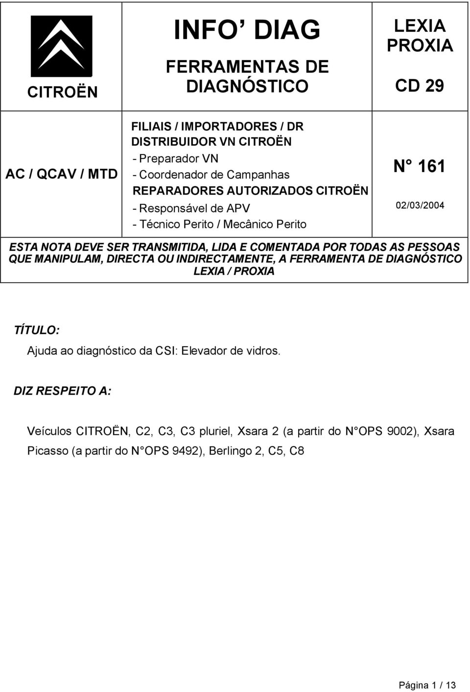 COMENTADA POR TODAS AS PESSOAS QUE MANIPULAM, DIRECTA OU INDIRECTAMENTE, A FERRAMENTA DE DIAGNÓSTICO LEXIA / PROXIA TÍTULO: Ajuda ao diagnóstico da CSI: Elevador