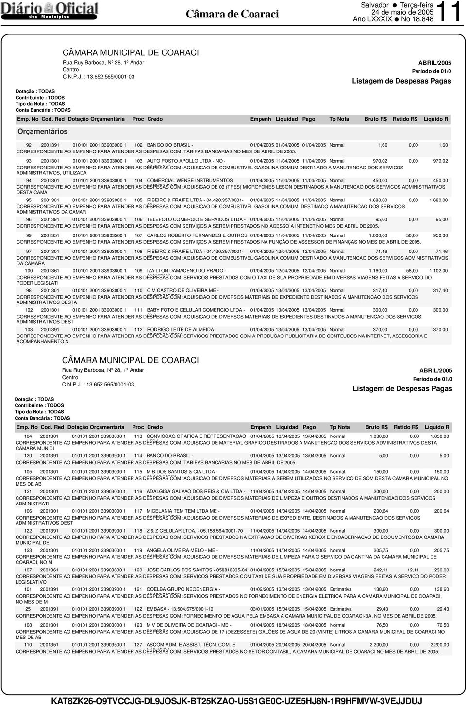 BANCARIAS NO MES DE ABRIL DE 2005.