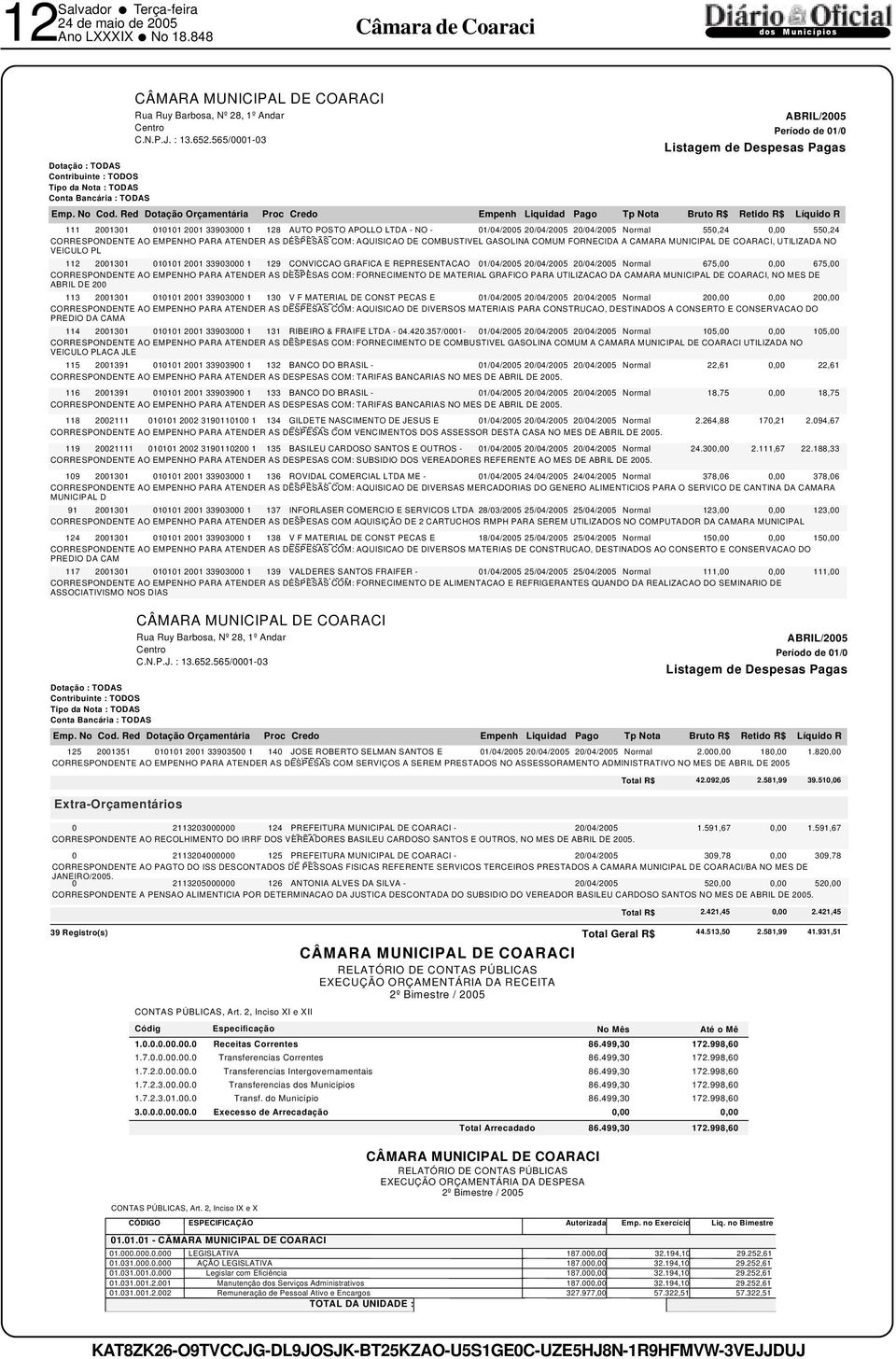 922.927 COM: AQUISICAO DE COMBUSTIVEL GASOLINA COMUM FORNECIDA A CAMARA MUNICIPAL DE COARACI, UTILIZADA NO VEICULO PL 112 2001301 010101 2001 33903000 1 129 CONVICCAO GRAFICA E REPRESENTACAO