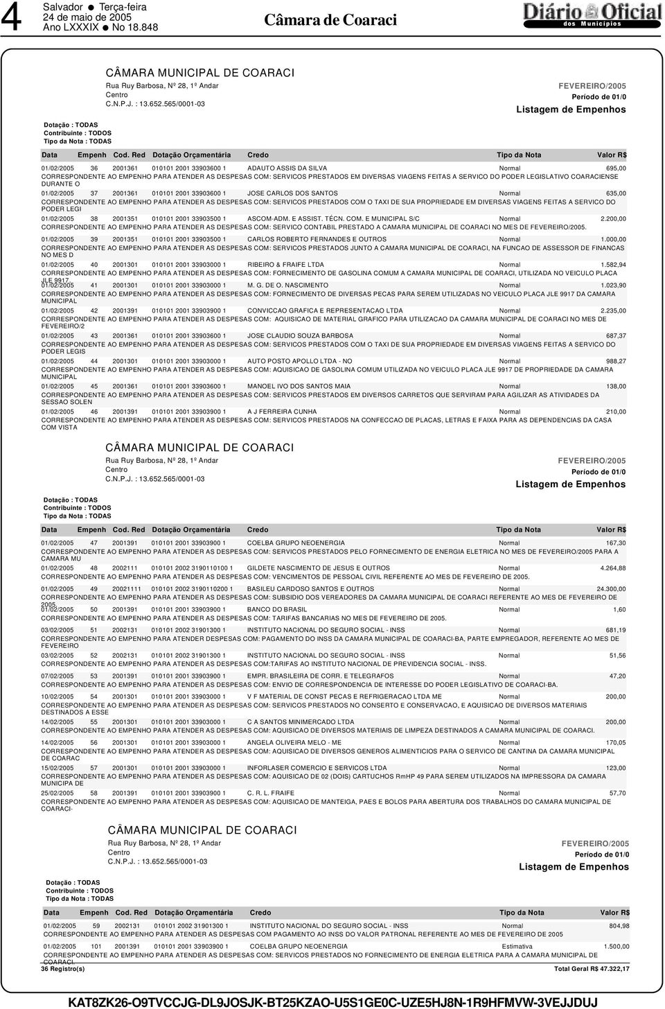 PODER LEGISLATIVO COARACIENSE DURANTE O 01/02/2005 37 2001361 010101 2001 33903600 1 JOSE CARLOS DOS SANTOS Normal 635,00 CORRESPONDENTE AO EMPENHO PARA ATENDER AS DESPESAS COM: SERVICOS PRESTADOS