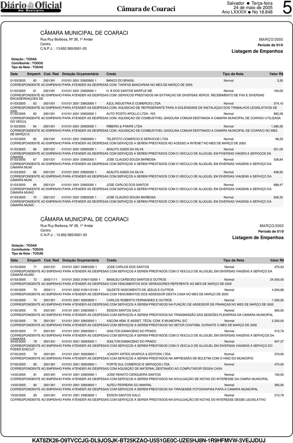 B DOS SANTOS MARFUZ ME Normal 164,00 CORRESPONDENTE AO EMPENHO PARA ATENDER AS DESPESAS COM: SERVICOS PRESTADOS NA EXTRAÇAO DE DIVERSAS XEROX, RECEBIMENTO DE FAX E DIVERSAS ENCADERNAÇOES DE