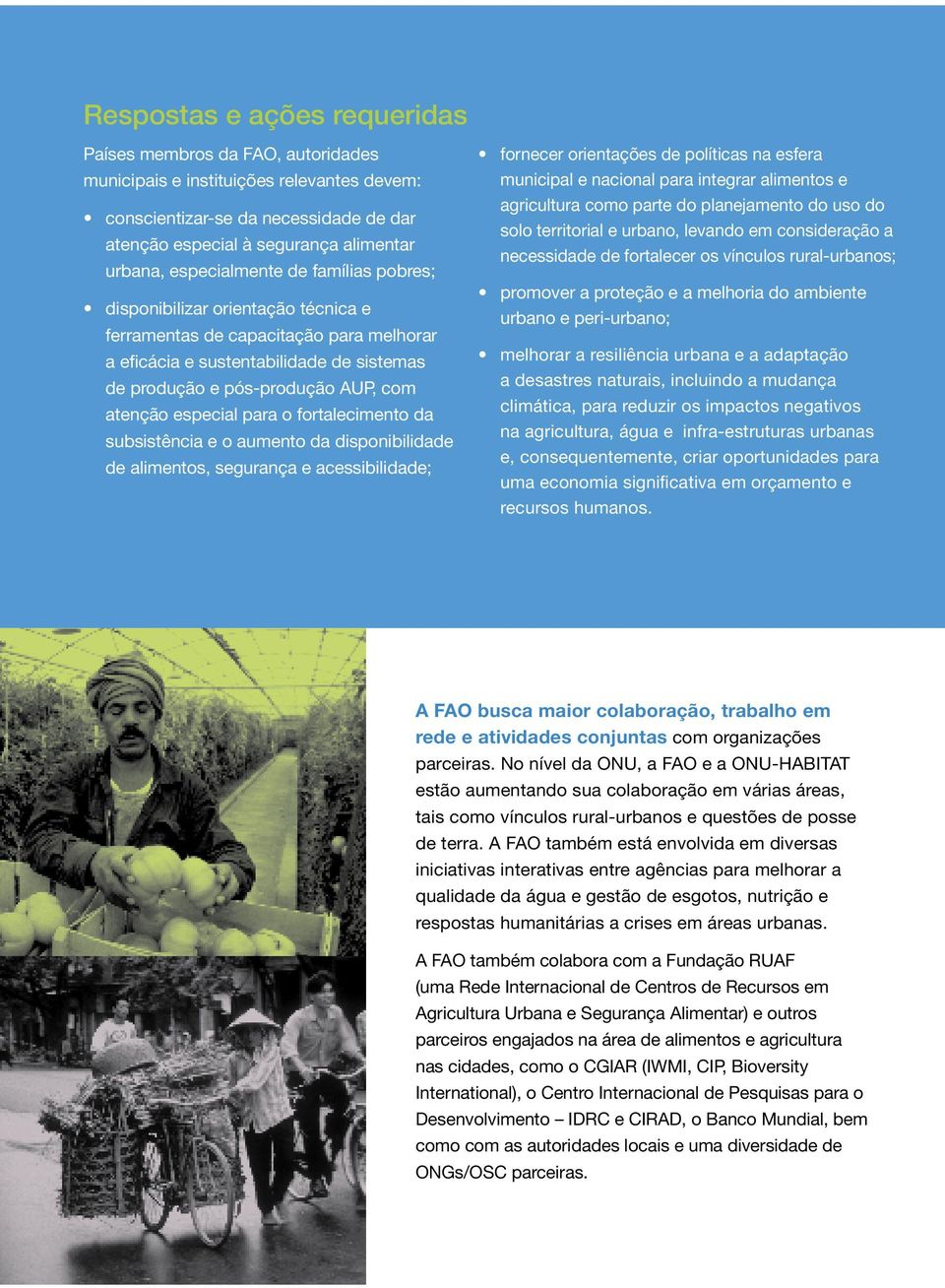 especial para o fortalecimento da subsistência e o aumento da disponibilidade de alimentos, segurança e acessibilidade; fornecer orientações de políticas na esfera municipal e nacional para integrar