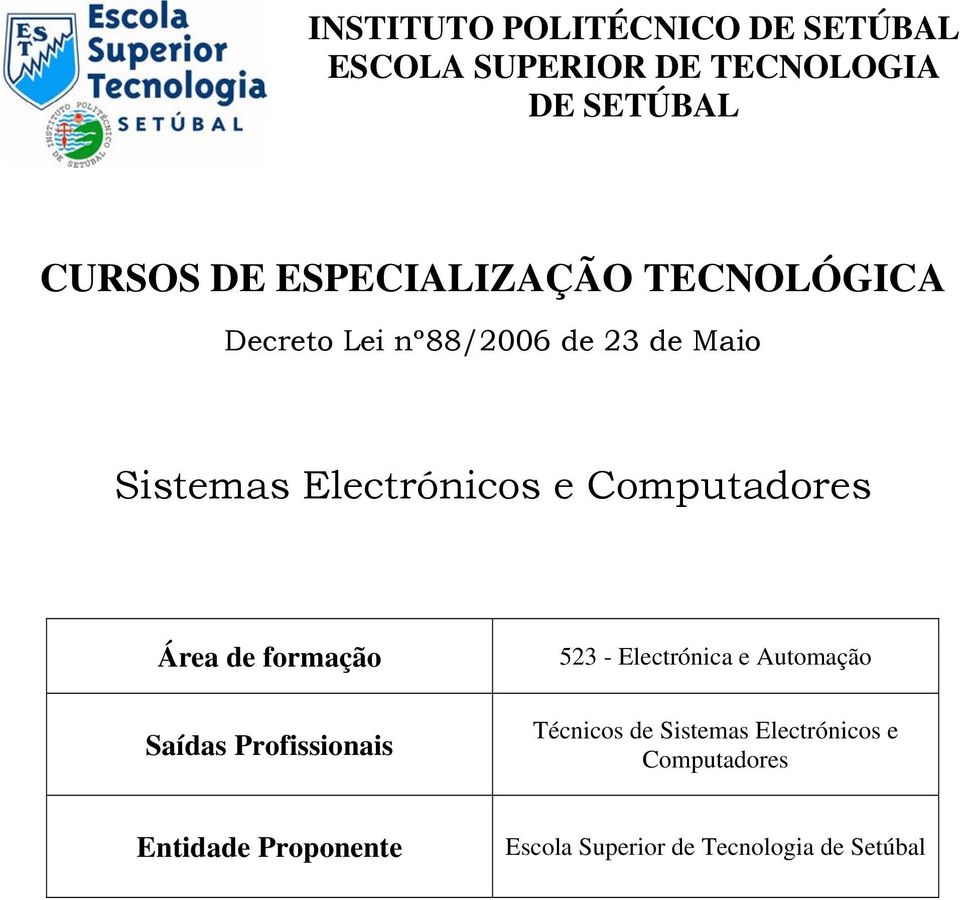 Sistemas Electrónicos e Computadores Área de formação Saídas Profissionais 523