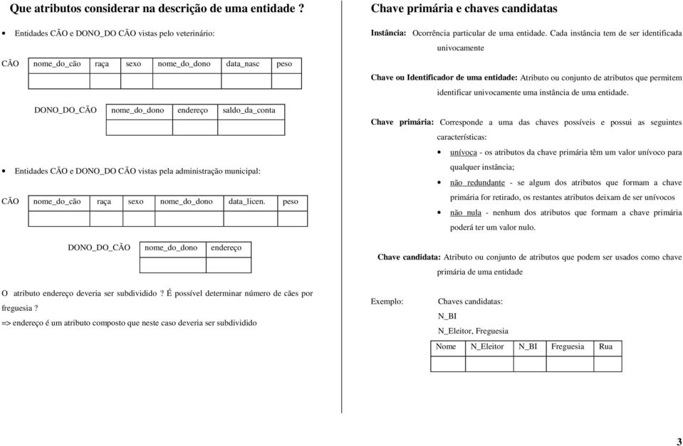 administração municipal: CÃO nome_do_cão raça sexo nome_do_dono data_licen. peso DONO_DO_CÃO nome_do_dono endereço O atributo endereço deveria ser subdividido?