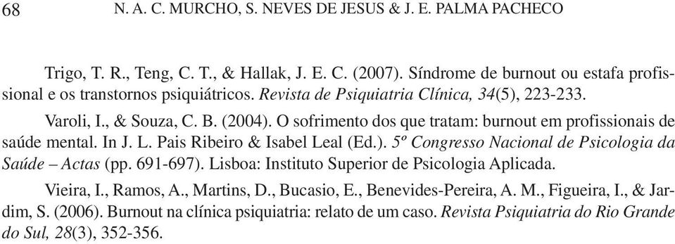 O sofrimento dos que tratam: burnout em profissionais de saúde mental. In J. L. Pais Ribeiro & Isabel Leal (Ed.). 5º Congresso Nacional de Psicologia da Saúde Actas (pp. 691-697).