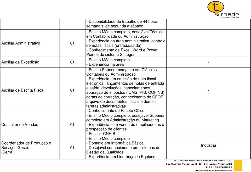 Power Point e do sistema Sintegra Ensino Médio completo Experiência na área Ensino Superior completo em Ciências Contábeis ou Administração Experiência em emissão de nota fiscal eletrônica,