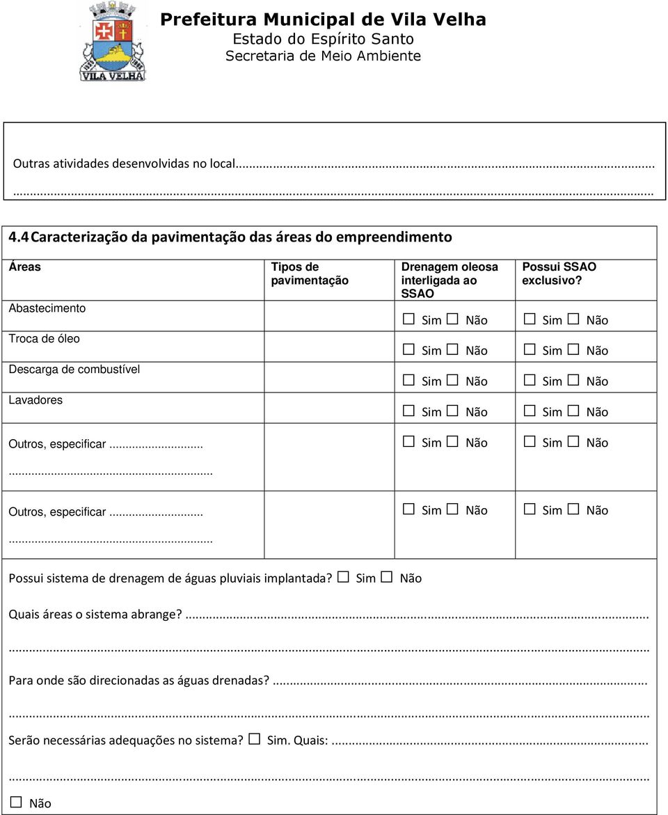 Tipos de pavimentação Drenagem oleosa interligada ao SSAO Possui SSAO exclusivo? Outros, especificar.