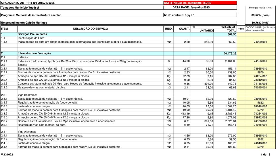 207,41 CÓDIGO SINAPI (se for outra *Fonte UNITÁRIO TOTAL tabela descrevê-la) Serviços Preliminares 862,50 Identificação da Obra: Placa padrão de obra em chapa metálica com informações que identificam