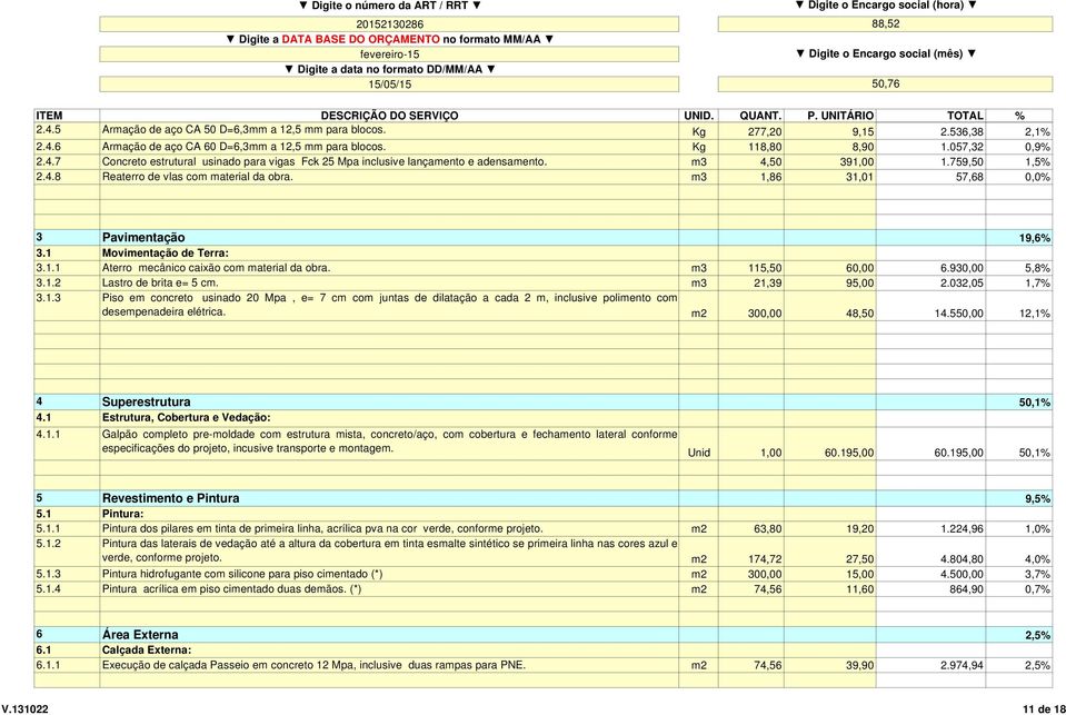 Kg 118,80 8,90 1.057,32 0,9% 2.4.7 Concreto estrutural usinado para vigas Fck 25 Mpa inclusive lançamento e adensamento. m3 4,50 391,00 1.759,50 1,5% 2.4.8 Reaterro de vlas com material da obra.