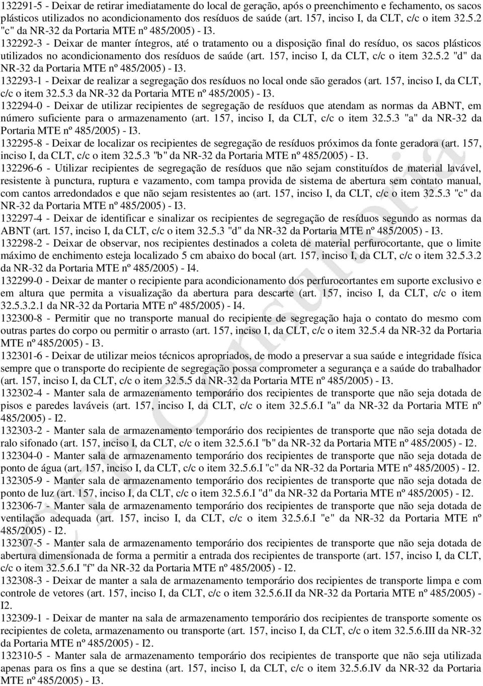 157, inciso I, da CLT, c/c o item 32.5.2 "d" da 132293-1 - Deixar de realizar a segregação dos resíduos no local onde são gerados (art. 157, inciso I, da CLT, c/c o item 32.5.3 da 132294-0 - Deixar de utilizar recipientes de segregação de resíduos que atendam as normas da ABNT, em número suficiente para o armazenamento (art.