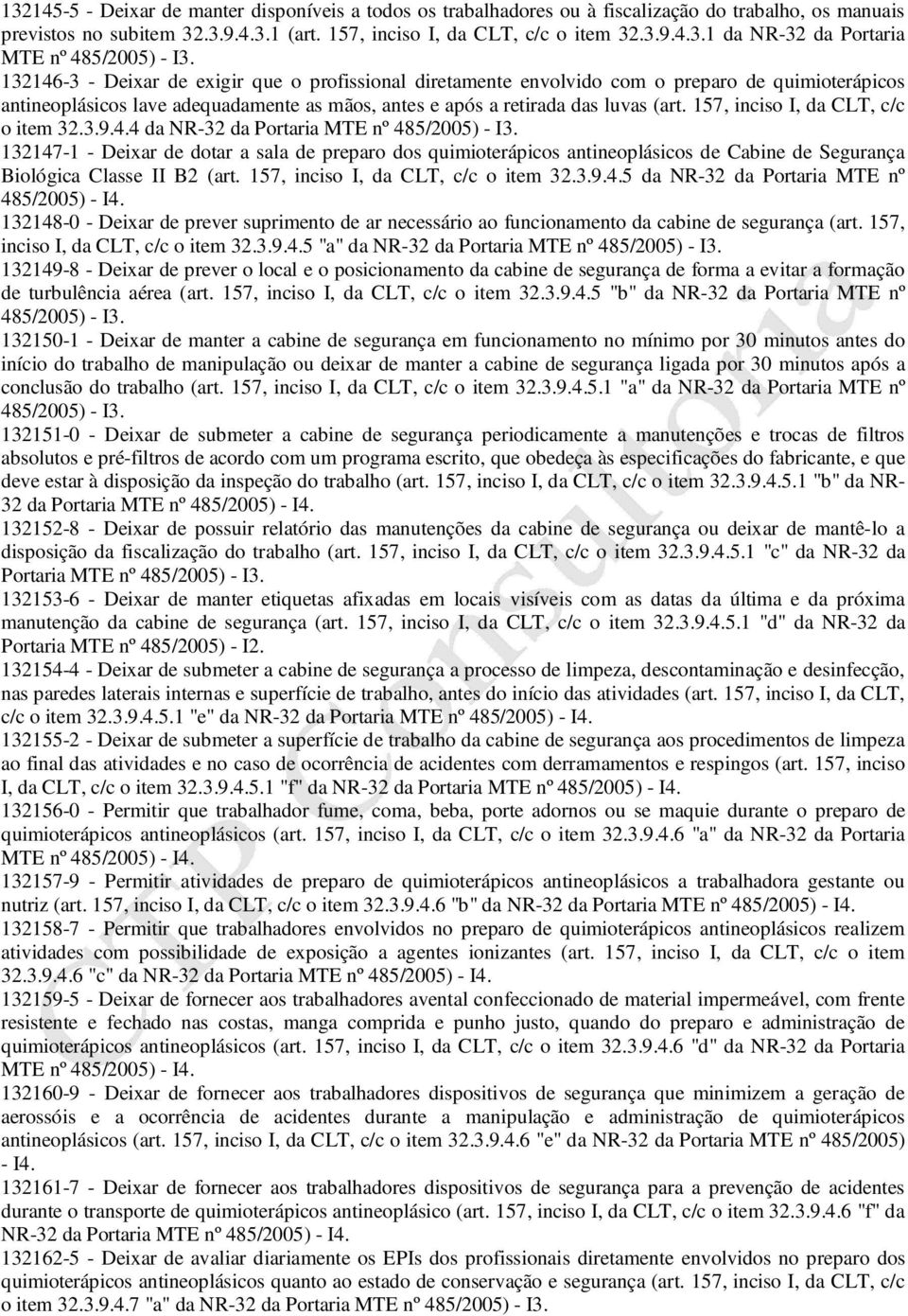 luvas (art. 157, inciso I, da CLT, c/c o item 32.3.9.4.4 da 132147-1 - Deixar de dotar a sala de preparo dos quimioterápicos antineoplásicos de Cabine de Segurança Biológica Classe II B2 (art.
