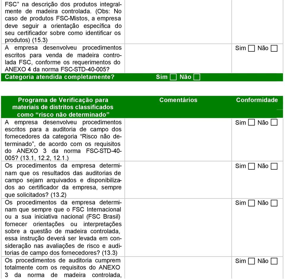 3) A empresa desenvolveu procedimentos escritos para venda de madeira controlada FSC, conforme os requerimentos do ANEXO 4 da norma FSC-STD-40-005? Categoria atendida completamente?