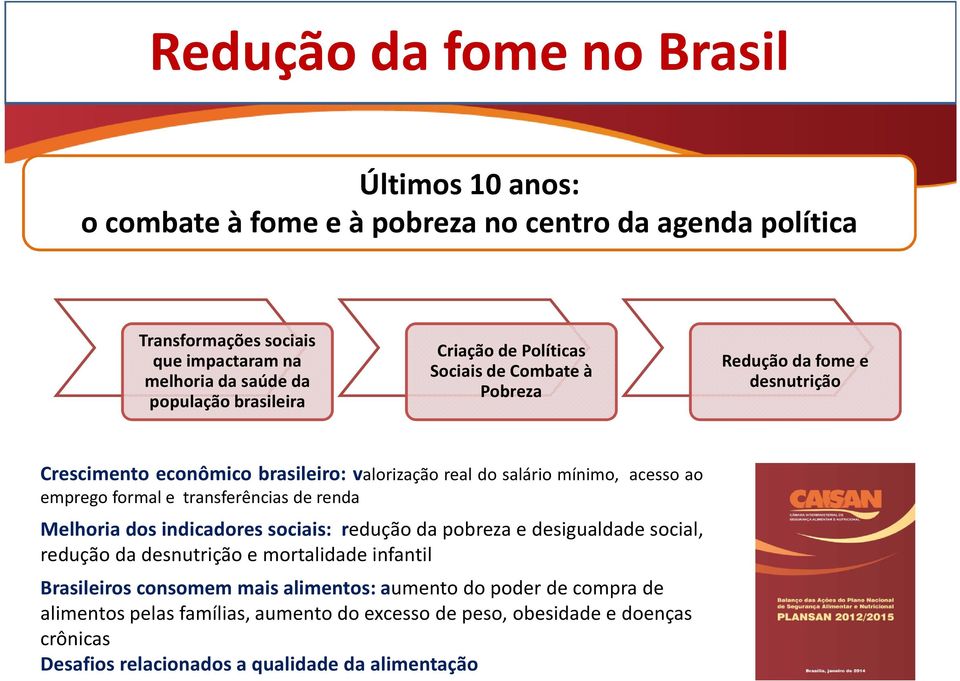 emprego formal e transferências de renda Melhoria dos indicadores sociais: redução da pobreza e desigualdade social, redução da desnutrição e mortalidade infantil Brasileiros