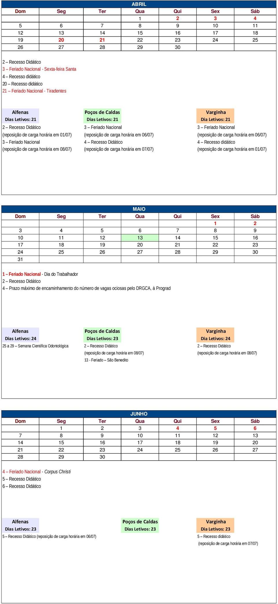 06/07) (reposição de carga horária em 06/07) 3 Feriado Nacional 4 Recesso Didático 4 Recesso didático (reposição de carga horária em 08/07) (reposição de carga horária em 07/07) (reposição de carga