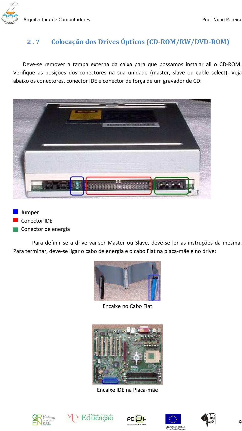Veja abaixo os conectores, conector IDE e conector de força de um gravador de CD: Jumper Conector IDE Conector de energia Para definir se a