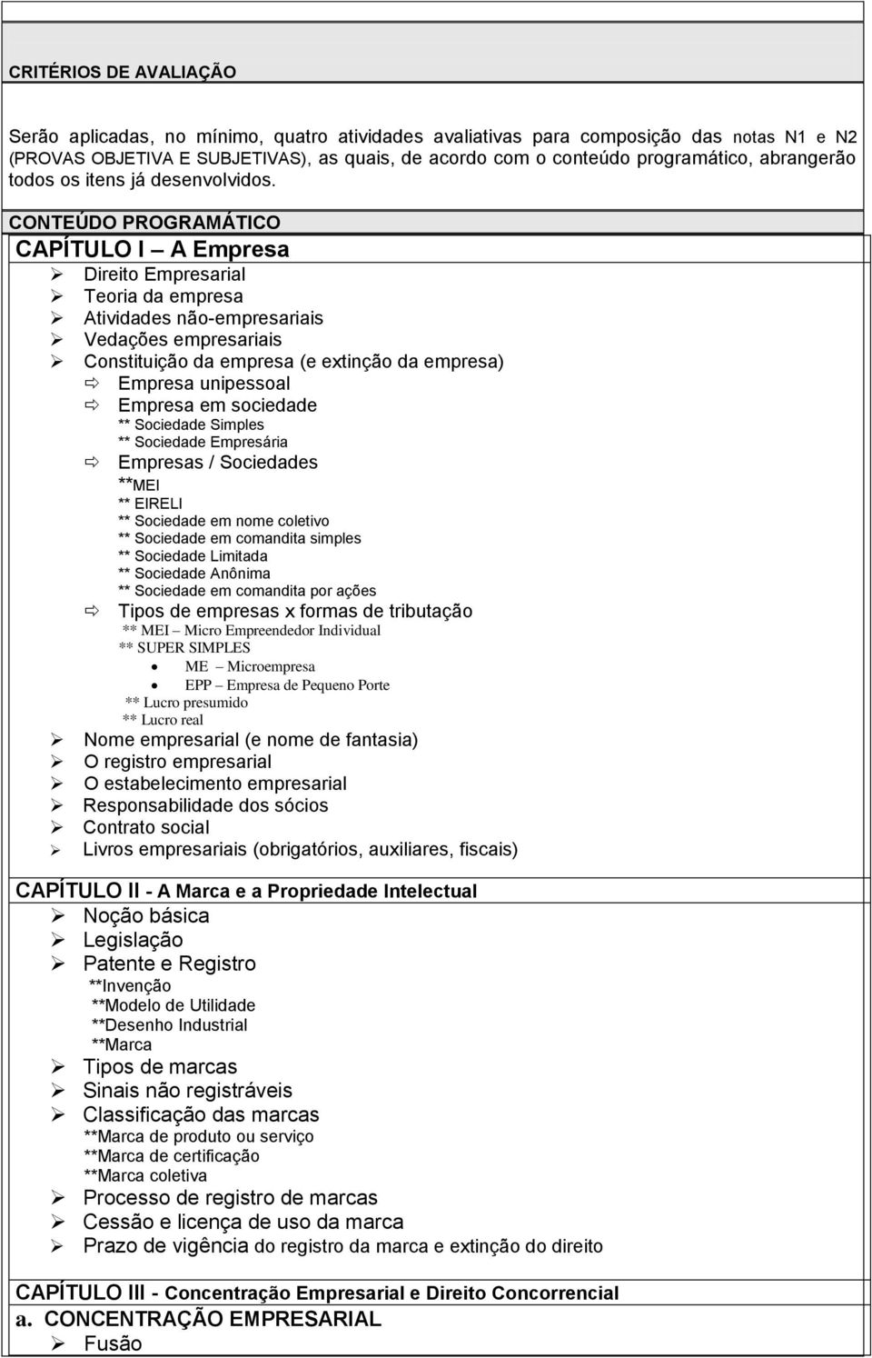 CONTEÚDO PROGRAMÁTICO CAPÍTULO I A Empresa Direito Empresarial Teoria da empresa Atividades não-empresariais Vedações empresariais Constituição da empresa (e extinção da empresa) Empresa unipessoal