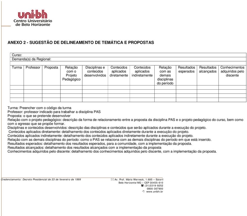 com o código da turma Professor: professor indicado para trabalhar a disciplina PAS Proposta: o que se pretende desenvolver Relação com o projeto pedagógico: descrição da forma de relacionamento