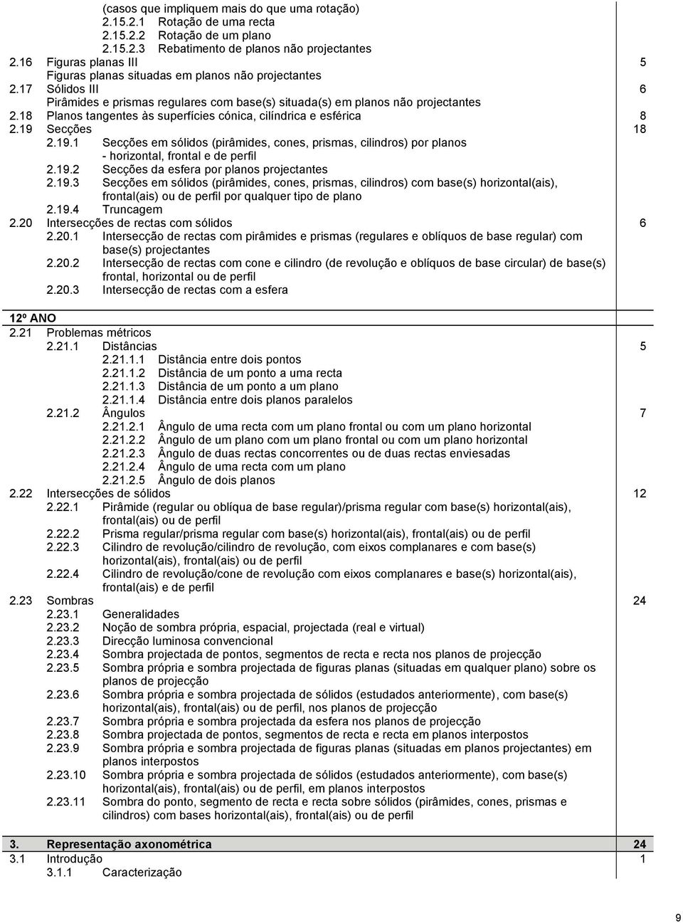 18 Planos tangentes às superfícies cónica, cilíndrica e esférica 8 2.19 Secções 18 2.19.1 Secções em sólidos (pirâmides, cones, prismas, cilindros) por planos - horizontal, frontal e de perfil 2.19.2 Secções da esfera por planos projectantes 2.