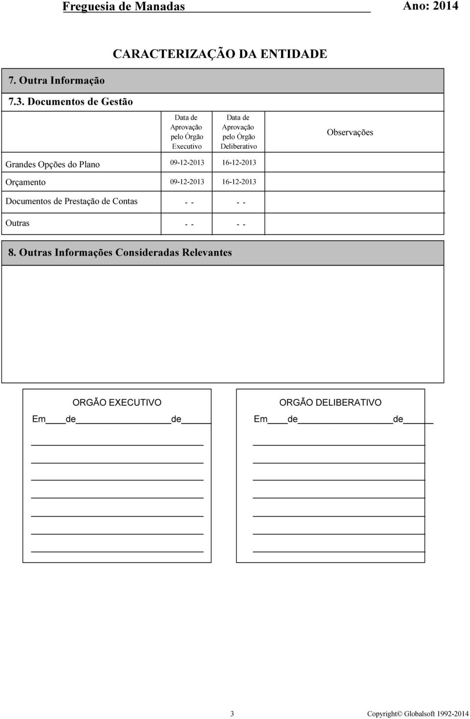 pelo Órgão Deliberativo Observações Grandes Opções do Plano Orçamento 09-12-2013 16-12-2013 09-12-2013