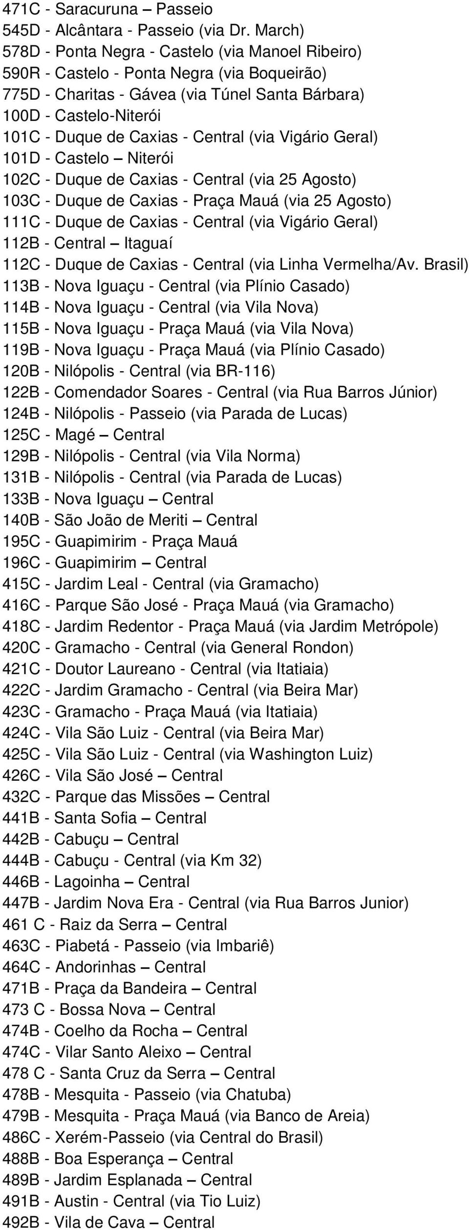 Central (via Vigário Geral) 101D - Castelo Niterói 102C - Duque de Caxias - Central (via 25 Agosto) 103C - Duque de Caxias - Praça Mauá (via 25 Agosto) 111C - Duque de Caxias - Central (via Vigário