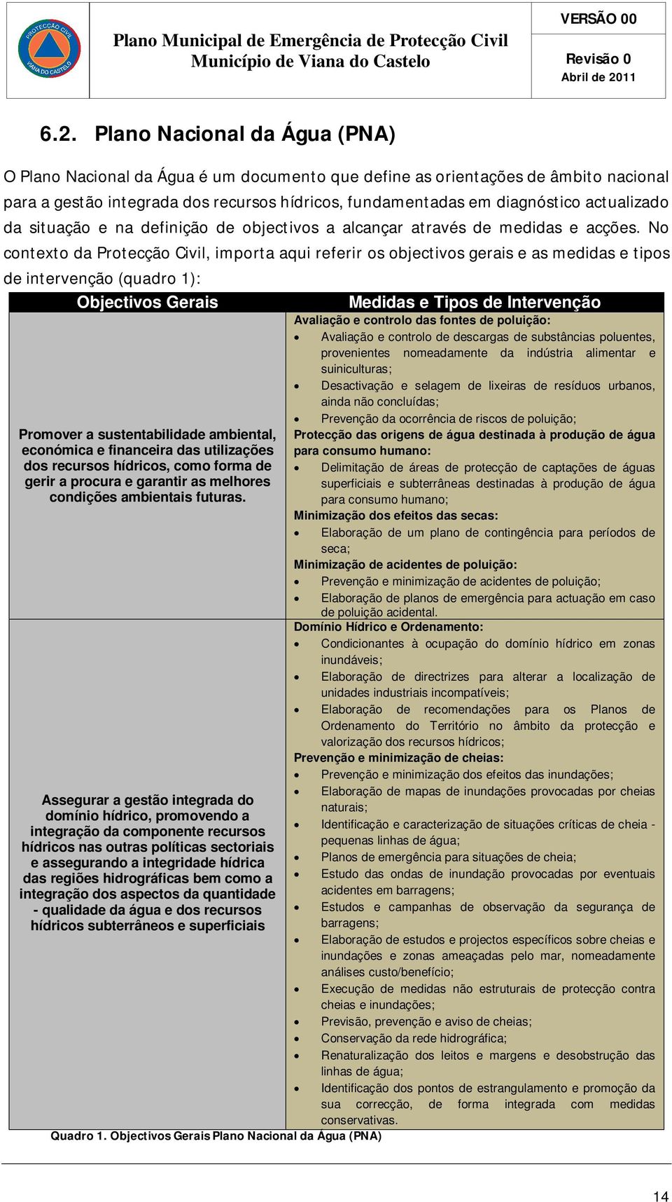 No contexto da Protecção Civil, importa aqui referir os objectivos gerais e as medidas e tipos de intervenção (quadro 1): Objectivos Gerais Medidas e Tipos de Intervenção Avaliação e controlo das