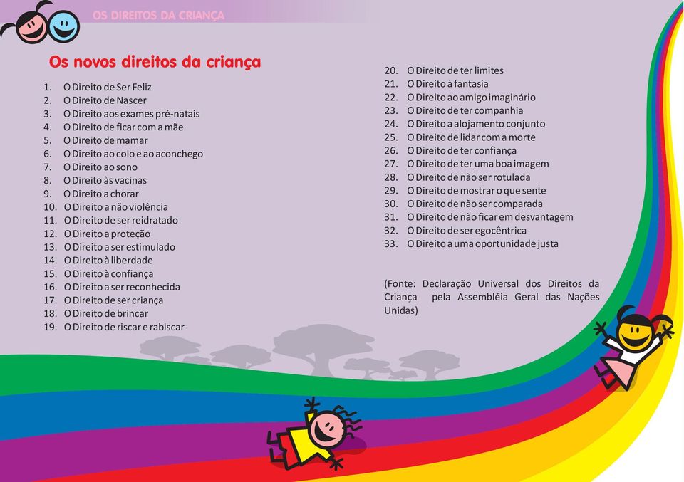 O Direito a ser estimulado 14. O Direito à liberdade 15. O Direito à confiança 16. O Direito a ser reconhecida 17. O Direito de ser criança 18. O Direito de brincar 19.