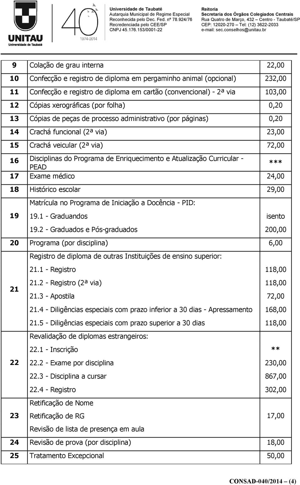 Enriquecimento e Atualização Curricular - PEAD *** 17 Exame médico 24,00 18 Histórico escolar 29,00 19 Matrícula no Programa de Iniciação a Docência - PID: 19.1 - Graduandos isento 19.