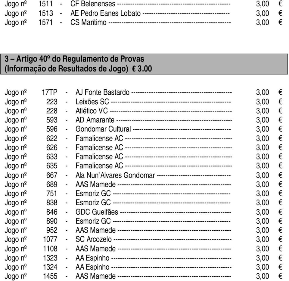 00 Jogo nº 17TP - AJ Fonte Bastardo ---------------------------------------------- 3,00 Jogo nº 223 - Leixões SC ------------------------------------------------------- 3,00 Jogo nº 228 - Atlético VC