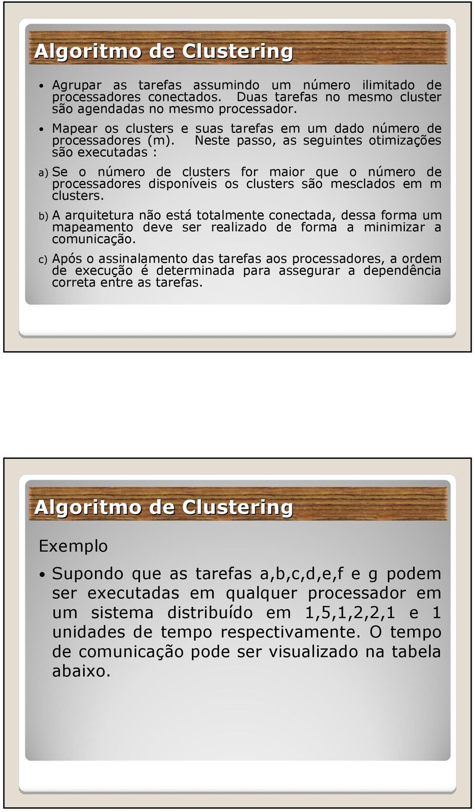 Neste passo, as seguintes otimizações são executadas : a) Se o número de clusters for maior que o número de processadores disponíveis os clusters são mesclados em m clusters.