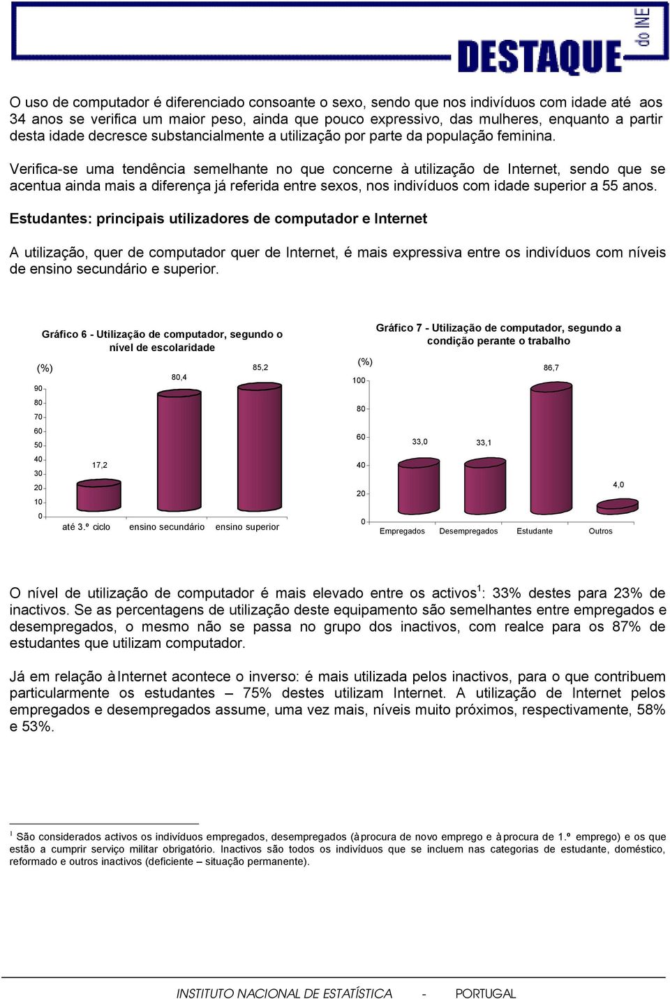 Verifica-se uma tendência semelhante no que concerne à utilização de Internet, sendo que se acentua ainda mais a diferença já referida entre sexos, nos indivíduos com idade superior a 55 anos.