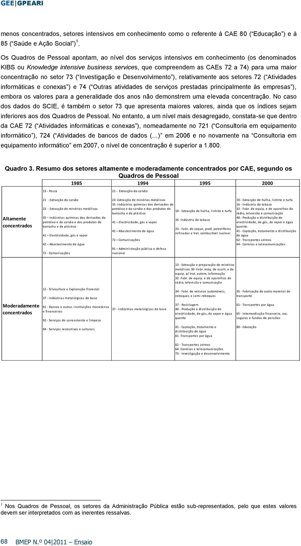 setor 73 ( Investgação e Desenvolvmento ), relatvamente aos setores 72 ( Atvdades nformátcas e conexas ) e 74 ( Outras atvdades de servços prestadas prncpalmente às empresas ), embora os valores para