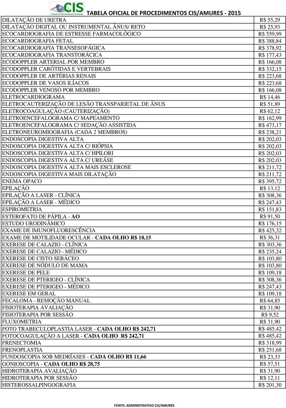 ILÍACOS R$ 223,68 ECODOPPLER VENOSO POR MEMBRO R$ 166,08 ELETROCARDIOGRAMA R$ 14,46 ELETROCAUTERIZAÇÃO DE LESÃO TRANSPARIETAL DE ÂNUS R$ 51,89 ELETROCOAGULAÇÃO (CAUTERIZAÇÃO) R$ 62,12