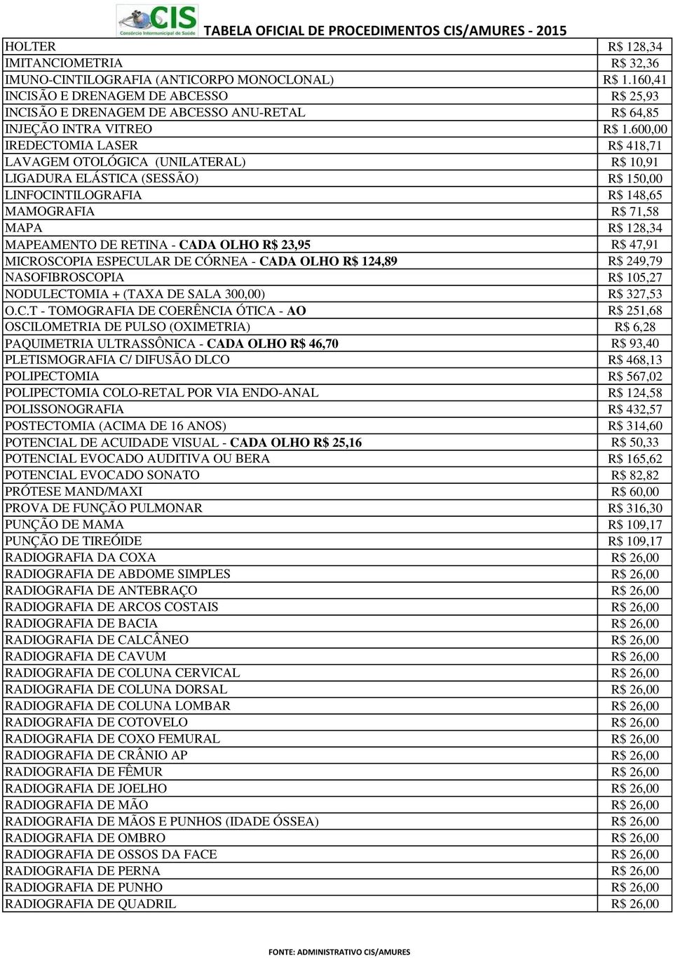 600,00 IREDECTOMIA LASER R$ 418,71 LAVAGEM OTOLÓGICA (UNILATERAL) R$ 10,91 LIGADURA ELÁSTICA (SESSÃO) R$ 150,00 LINFOCINTILOGRAFIA R$ 148,65 MAMOGRAFIA R$ 71,58 MAPA R$ 128,34 MAPEAMENTO DE RETINA -