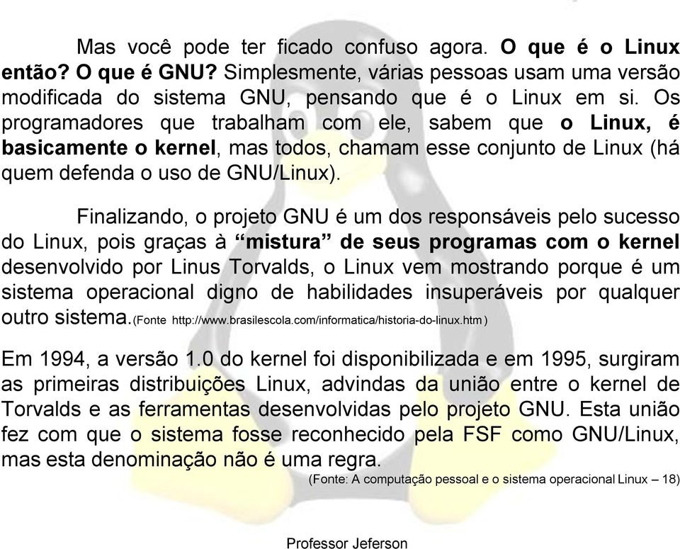 Finalizando, o projeto GNU é um dos responsáveis pelo sucesso do Linux, pois graças à mistura de seus programas com o kernel desenvolvido por Linus Torvalds, o Linux vem mostrando porque é um sistema