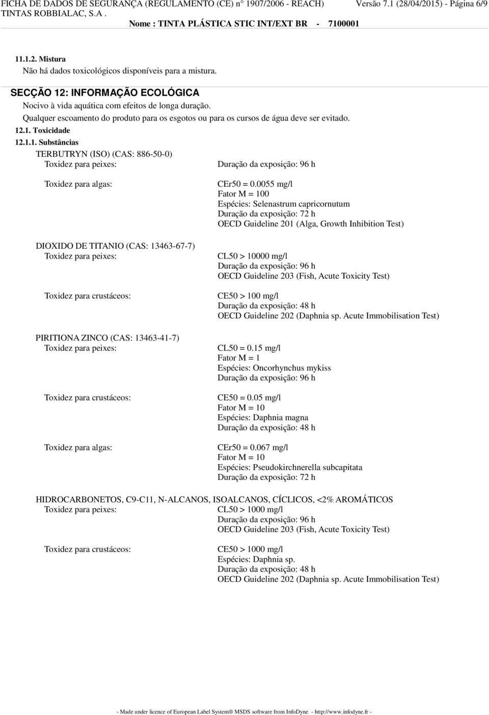 : INFORMAÇÃO ECOLÓGICA Nocivo à vida aquática com efeitos de longa duração. Qualquer escoamento do produto para os esgotos ou para os cursos de água deve ser evitado. 12