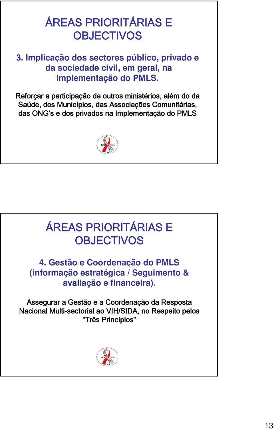 na Implementação do PMLS ÁREAS PRIORITÁRIAS E OBJECTIVOS 4.